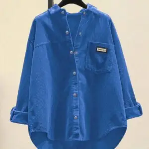 woman blue corduroy shirt